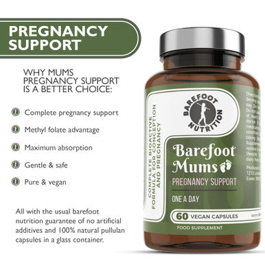 Barefoot Nutrition - Mums Pregnancy Support - Comprehensive Daily Nutrient Support for Before During and After Pregnancy - Contains Folic Acid Vitamin D3 B12 and More - 60 Vegan Capsules