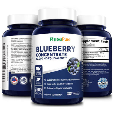 NusaPure Blueberry Concentrate 10,000mg Equivalent per caps.200 Veggie Powder caps (Extract 20:1, 100% Vegetarian, Non-GMO & )