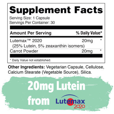 Yuve Lutein Zeaxanthin Supplement, Lutein 20Mg, Vitamin Eye Health, For Dry Eyes, Fatigue, Lutemax2020, Eye Supplements - 30 Vegan Caps