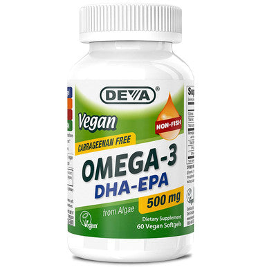 Deva Vegan Omega-3 DHA EPA Supplement - Once-Per-Day Softgel 500 MG - Carrageenan - Gelatin - Non-Fish - Algae Oil Omega-3 Fatty Acids - 60 Softgels