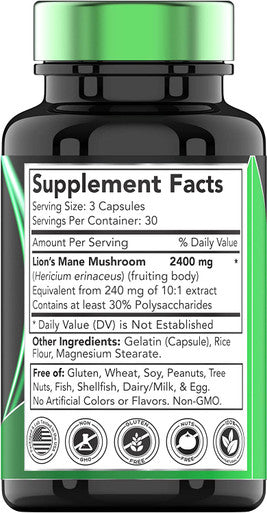 tnvitamins Lion's Mane Mushroom Supplement (2400 MG - 90 Capsules) | Nootropic Brain Support Supplement & Booster | Lion's Mane Mushroom Powder Extract | Focus, Memory, Energy, & Immunity