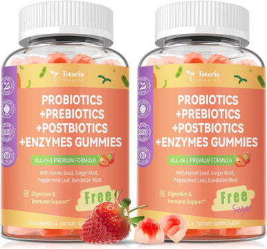 Totaria Sugar Free 5 in 1 Probiotic Prebiotic Postbiotic Gummy 36 Strains Probiotics for Women Men with Digestive Enzymes Peppermint Complete Immune Gut and Digestive Support Vegan