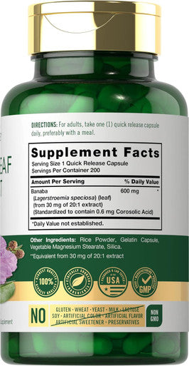 Carlyle Banaba Leaf Extract Capsules 600mg | 200 Count | Non-GMO Gluten