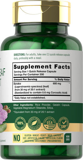 Carlyle Banaba Leaf Extract Capsules 600Mg | 200 Count | Non-Gmo, Gluten Free