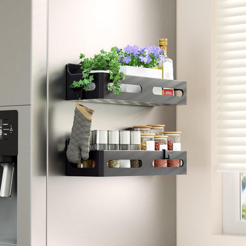 4-Pack Magnetic Spice Rack for Refrigerator with Hooks, Pink | Strong multipurpose magnetic shelf for kitchen & bathroom organization. Includes 4 removable hooks for hanging items.