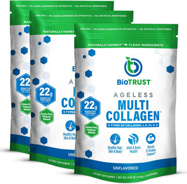 Biotrust Ageless Multi Collagen Peptides Powder 5 Types (I Ii Iii V X) Unflavored Collagen Powder For Women & Men Hydrolyzed Protein Grass Fed Beef Fish Chicken Eggshell Membrane 3-Pk