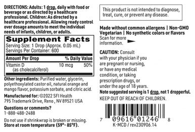 Klaire Labs SFI Health Micellized Vitamin D3 Liquid for Children Infants & Adults - 400 IU Vitamin D per Drop - Suitable for Kids - Immune Support - Mango Orange Flavor Drops 600 Servings / 1 fl oz