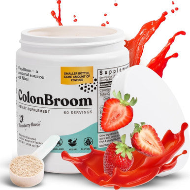 Colonbroom Psyllium Husk Powder (Strawberry) - Colon Cleanse For Bloating Relief & Gut Health - Colon Broom Fiber Powder Drink - Vegan, Gluten , Non-Gmo Fiber Powder Supplement, 60 Servings