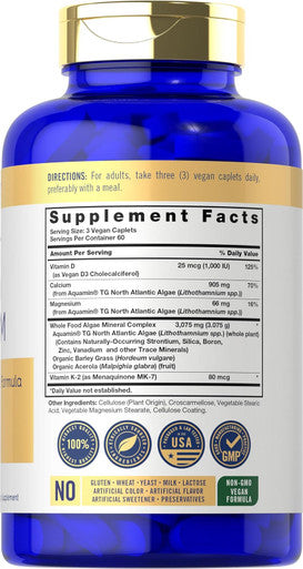 Carlyle Plant Based Calcium with Vitamin K2 D3 Magnesium | 180 Vegan Caplets | Bone Strength Supplement | Non-GMO & Gluten