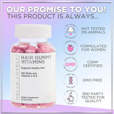 Hello Lovely Hair Vitamins Gummy With Biotin 5000 Mcg Vitamin E & C Support Hair Growth, Premium Vegetarian Non-Gmo, For Stronger Beautiful Hair, Skin & Nails Supplement - 60 Bear Gummies