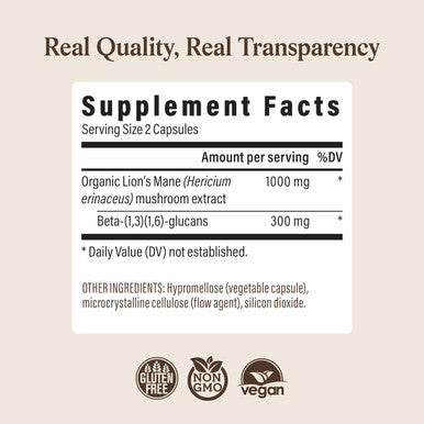 Real Mushrooms Lions Mane Mushroom Cognition (120 Capsules) Lions Mane Mushroom Powder Extract Capsules | Brain Supplement, Brain Vitamins, Focus Supplement