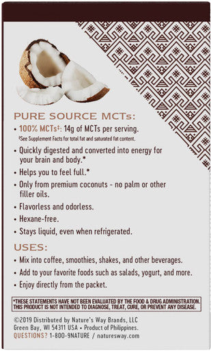 Nature's Way 100% Potency Pure Source MCT Oil from Coconut- On-The-Go Single-Serve Packets- Vegetarian, Gluten-Free, Flavorless, No Filler Oils, Hexane-Free, 0.5 Fl Oz (Pack of 18)
