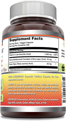 Amazing Nutrition Formulas Vitamin C (Ascorbic Acid) 1000 mg with Rose HIPS & Citrus Bioflavonoids | Veggie Capsules Supplement | Non-GMO | Gluten | Made in USA (250 Count)