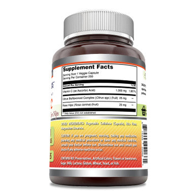 Amazing Formulas Vitamin C (Ascorbic Acid) - 1000Mg With Rose Hips & Citrus Bioflavonoids -Promotes Immune Function -Supports Healthy Aging -Non-Gmo, Gluten Free (250 Veggie Capsules)