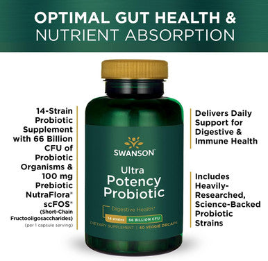 Swanson Ultra Potency Probiotic Digestive Health Immune System 66 Billion CFU Prebiotic NutraFlora scFOS 60 DRcaps Veggie Capsules