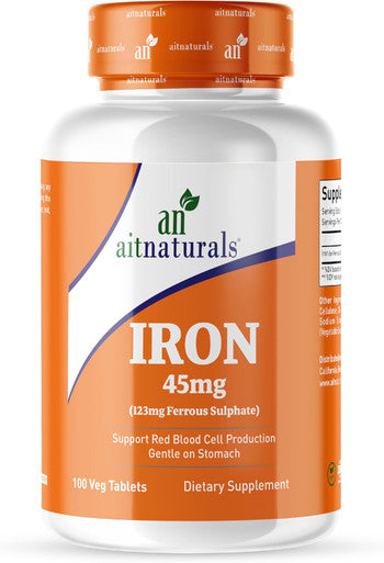 Aitnaturals Iron - 45mg (100 Tablets)| High potency Ferrous Sulphate for Red Blood Cell Production Active Brain Function Prevent Iron Deficiency| Enhance Muscle growth& Regulate Body Temperature