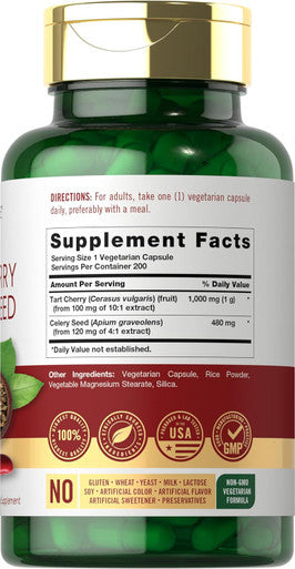 Carlyle Tart Cherry and Celery Seed Supplement | 200 Capsules | Vegetarian Non-GMO and Gluten