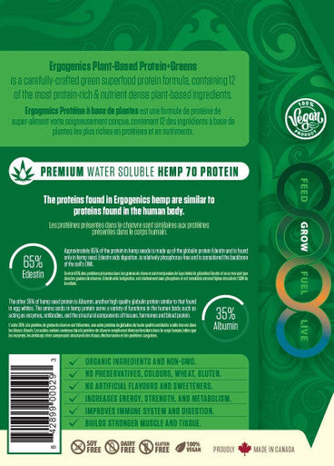 Ergogenics Plant Protein +Greens Vanilla (720 Gram, 24 Servings) - Best Plant-Based Protein to Build Muscle - Organic, Nutrient Rich, Gluten Free, Non Dairy, Vegan, Non Soy & Pea, Non GMO, Zero Sugar