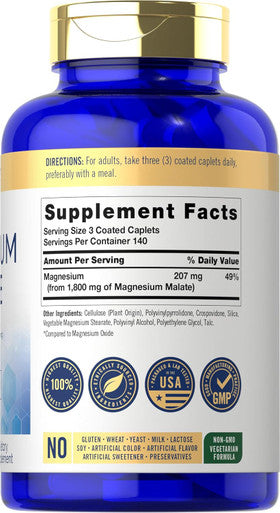 Carlyle Magnesium Malate 1800mg | 420 Coated Caplets | Vegetarian Non-GMO Gluten Supplement