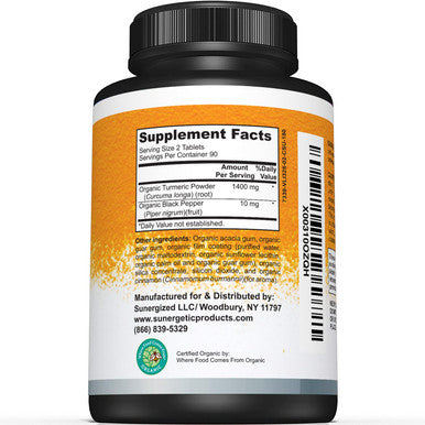 Sunergetic USDA Certified Organic Turmeric Supplement ÃƒÂ¢Ã¢â€šÂ¬Ã¢â‚¬Å“ Includes Organic Turmeric & Organic Black Pepper ÃƒÂ¢Ã¢â€šÂ¬Ã¢â‚¬Å“ 1,400mg of Turmeric per Serving - 180 Count