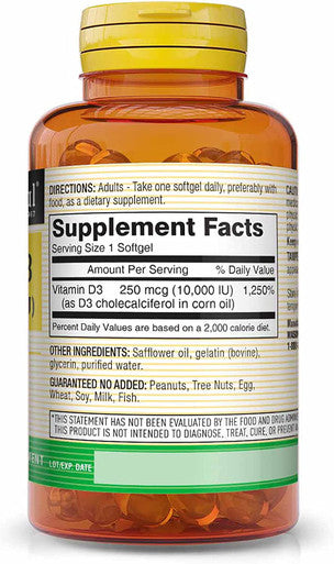 Mason Natural Vitamin D3 250 mcg (10000 IU) - Supports Overall Health, Strengthens Bones and Muscles, from Corn Oil, 30 Softgels (Pack of 3)