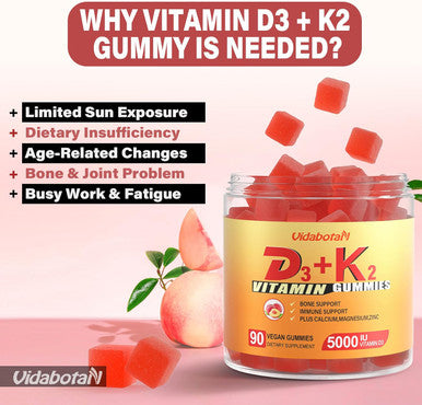 Sugar Vitamin D3 K2 Gummies 5000Iu With Calcium, Magnesium And Zinc For Bone, Teeth, Muscle, Natural Peach Flavor, Vegan, 90 Chewable Gummies