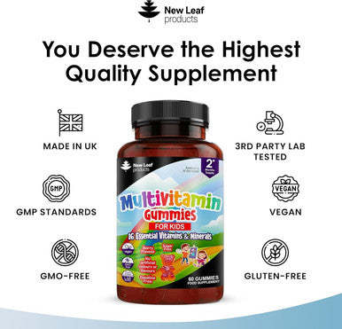 New Leaf Products Multivitamins for Children Kids Sugar Multivitamin Gummies Two Months Plus Zinc 16 Essential Vitamins A B3 B5 B6 B7 B9 B12 C D E with Minerals Gluten- Vegan Halal Multivits for Kids