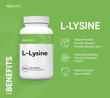 Nui Nutra L-Lysine Tablets Supplement | 1000mg | 100 Tablets | Skin, Bone, Lip, & Gum Support | Promotes Healthy Tissue and Collagen Levels | Non-GMO & Gluten Free | for Men & Women