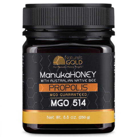 NatureÃ¢â‚¬â„¢s Gold Raw Manuka Honey with Australian Native Bee Propolis, MGO 514+ | 8.8oz (250g), 100% Pure Genuine Traceable Hive to Home