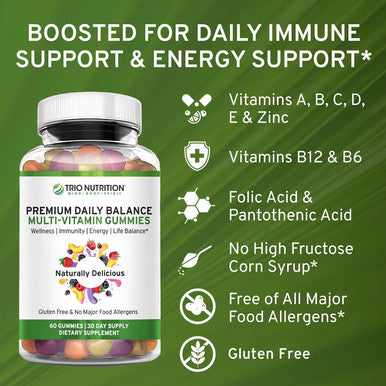 Trio Nutrition Premium Daily Balance Multivitamin Gummies For Men & Women Essential Vitamins & Minerals For Immune Boost & Energy Support No Major Food Allergens & Gluten No High Fructose