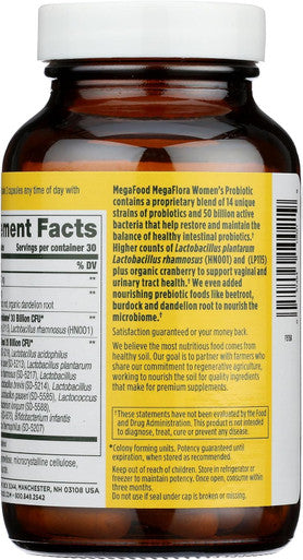 MegaFood Megaflora Probiotics For Women + Prebiotics - Probiotic With 14 Strains & 50 Billion Cfus - With Cranberry - Vegan & Non-Gmo - Made Without 9 Food Allergens - 60 Caps (30 Servings)
