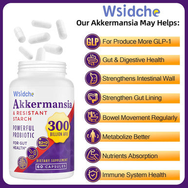 300 Billion Afu Akkermansia Probiotic Glp-1 Supplement For Women & Men, Akkermansia Muciniphila For Glp-1, Digestive, Gut, Immune, Enhances Gut Digestive Lining Function, Akka Superbiotics - 60 Caps