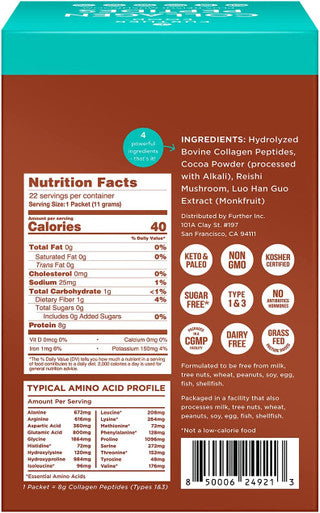 Further Food Collagen Peptides Powder Supplement Dark Chocolate Collagen Flavored Packs GrassFed Hydrolyzed Type 1 3 Collagen. NonGMO Paleo Keto Box of 22