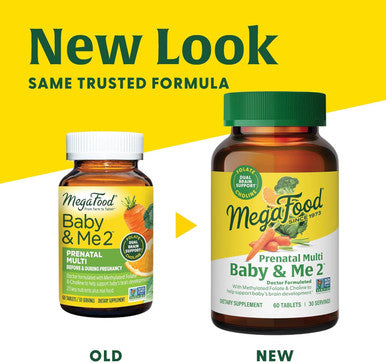 MegaFood Baby & Me 2 Prenatal Vitamin And Minerals - Vitamins For Women - With Folate (Folic Acid Natural Form) Choline Iron Iodine And Vitamin C Vitamin D And More - 120 Tabs (60 Servings)
