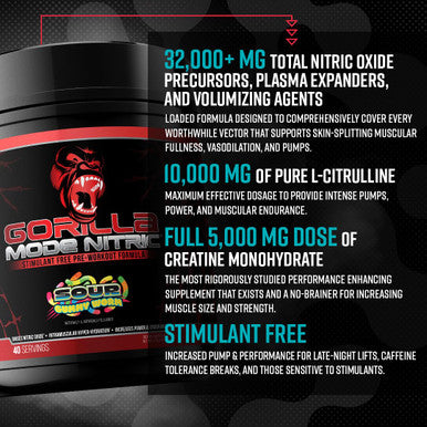 Gorilla Mode Nitric Stimulant Free Pre-Workout Best Tasting and Most Effective Stimulant Free Pre-Workout / Massive Pumps Vasodilation Power / 688 Grams (Fruit Punch)