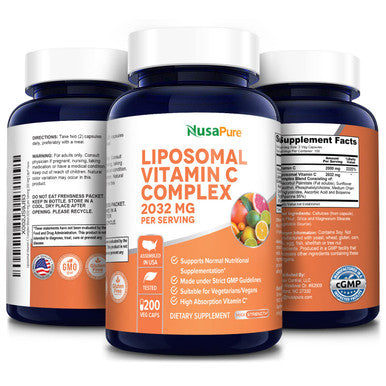 NusaPure Liposomal Vitamin C 2032mg - 200 Veggie Capsules with BioPerine - High Absorption Ascorbic