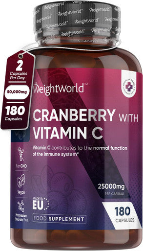 Weightworld Cranberry Capsules High Strength 50000mg per 2 Capsules - 180 Vegan Capsules with Vitamin C - Alternative to Cranberry Tablets - Easy to Swallow - Concentrated Cranberry Supplements for Women & Men