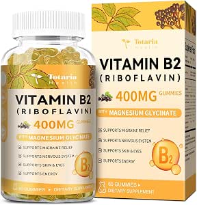 Vitamin B2 Gummies Sugar Riboflavin 400mg Supplement for Adults and Kids with Magnesium Glycinate 400mg COQ10 and Elderberry Skin and Nervous System Support NonGMO 60 Gummies