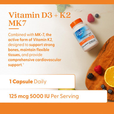 Doctor'S Best Vitamin D3 + K2 (Vitamin K2 As Mk-7) Supports Bone Tissue and Arterial Health Calcium Absorption 0 Non-Gmo Gluten Vegetarian 5000 Iu 60 Veggie Caps