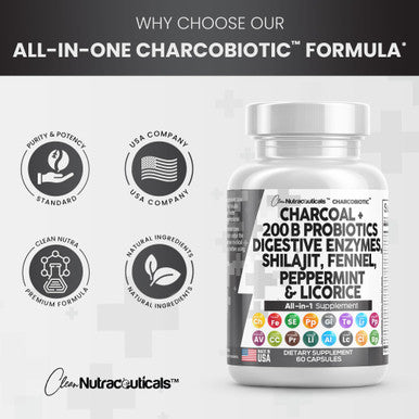 Clean Nutra Activated Charcoal Capsules 1000Mg Shilajit 5000Mg Pills Probiotic 200 Billion + Digestive Enzymes For Digestive Heal