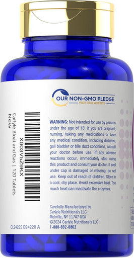 Carlyle Bloat & Gas Support for Men & Women | 120 Tablets | Extra Strength Pills | Supplement with Enzymes Turmeric Ginger & More | Non-GMO & Vegetarian Formula