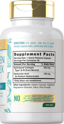 Carlyle Collagen with Hyaluronic Acid 500mg | 90 Capsule Pills | Hydrolyzed Collagen Supplement | Non-GMO, Gluten Free