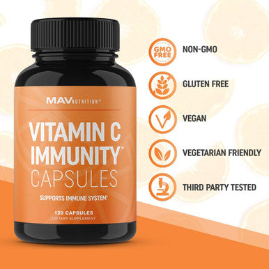 MAV NUTRITION Vitamin C Capsules for Immune Support NonGMO Gluten Vegan Vegetarian Friendly Vitamin C as Ascorbic Acid 500mg per Capsule 2000mg per Serving 2 Pack