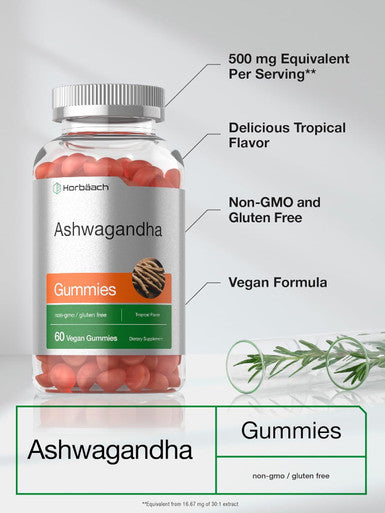 Horbaach Ashwagandha Gummies For Women And Men 60 Count Vegan, Non-Gmo, Gluten Supplement Tropical Flavor