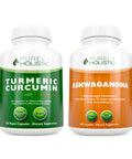 Purely Holistic Organic Turmeric Curcumin 700Mg & Bioperine + Organic Ashwagandha 1300Mg & Black Pepper - Vegan Bundle - 120 + 180 Capsules - Made In Usa