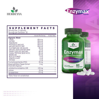 Herbevia Enzymax Digestive Enzymes with BioPerine Probiotics Prebiotics & Lactase Non-GMO Sugar-Free Gut Health Supplement for Men & Women Halal Certified 60 Capsules