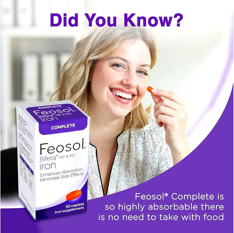 Feosol Bifera HIP and PIC Iron Supplement Complete 30 Caplets Pack of 3