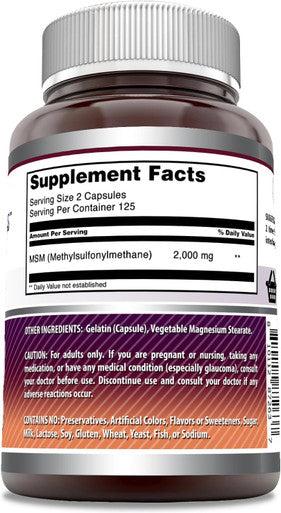 Amazing Nutrition Formulas MSM (Methylsulfonylmethane) Supplement | 2000 Mg Per Serving | Capsules | Non-GMO | Gluten | Made in USA (1 Pack 250 Count)