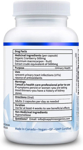 Sapphire Organics - Cranberry, ZERO Fillers, Pure ORGANIC, 120 Veggie Capsules, High Concentration 500mg, Made in Canada