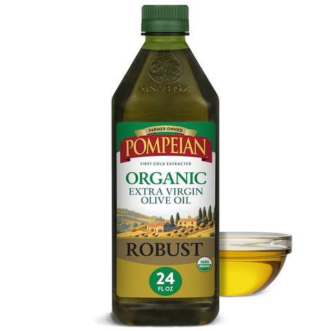 Pompeian Smooth Organic Extra Virgin Olive Oil - 16 fl oz | First Cold Pressed Olive Oil for Cooking - Smooth Taste for Sauteing, Stir-Frying, and Baking